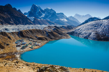 Himalayas mountain with lake and blue sky