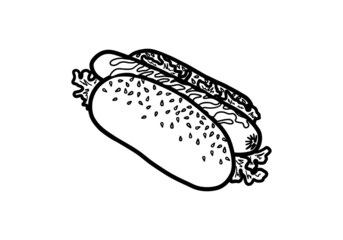 Hot dog icon. Hotdog with sausage and mustard outline sketch. Fast food concept. Vector illustration.