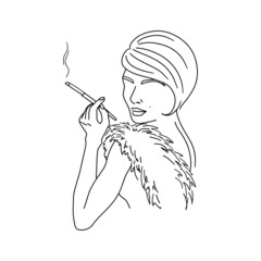 Retro woman with cigarette. Fashion lady outline sketch. Vintage smoking girl. Vector illustration.
