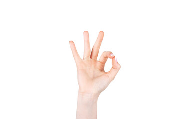 Hand signaling approval or ok on white background isolated. Concept body parts and signs