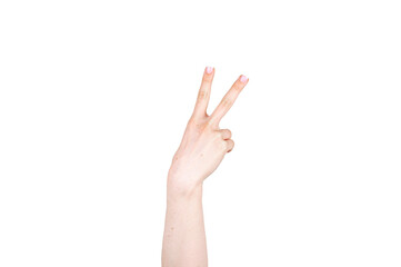 hand making peace sign or ok on white background isolated. Concept body parts and signs