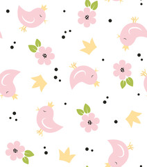 Cute children's seamless pattern with birds and flowers.