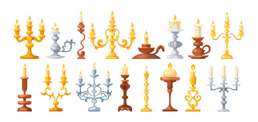 Fototapeta na wymiar Set of retro candlesticks antique metallic holder for burning candles with curved twisted elements