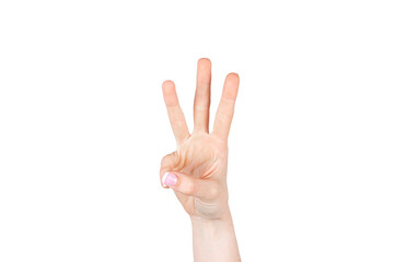 Hand with three fingers raised on white background isolated. Concept hands and body parts.