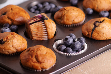 Obraz na płótnie Canvas Homemade fresh baked sugar free blueberry muffins