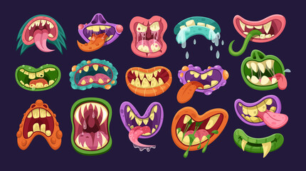 Funny monster mouth set with different expressions. Monstrous emotions, facial scary horror expressions for Halloween cartoon vector