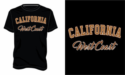 California West coast. Typography text Chest print t shirt design Isolated on Black Template view. Apparel t shirt design vector art illustration.