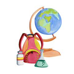 Red and yellow school backpack with pockets. Geographic globe with continents and countries.