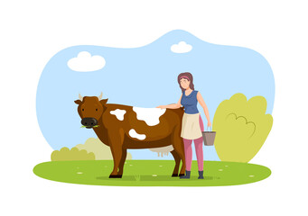 Happy female farmer with cow. Smiling woman agricultural worker milkmaid with bucket of milk pats a cow. Countryside rural lifestyle. Livestock farming, animal husbandry