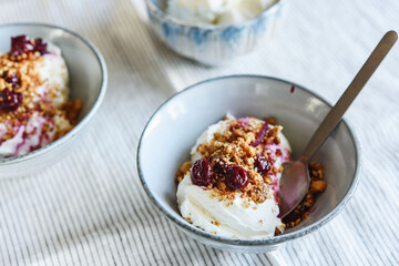 Cherry sauce, cream cheese and feta cream and crumble crust dessert. Homemade Sweet and salty...