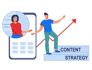 Content marketing strategy concept, flat vector illustration isolated on white. Engaging content and strategy for social media marketing. Manager showing to blogger how to improve promotion campaign.