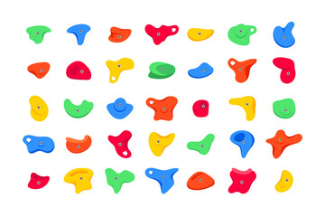 Set of climbing grips or holds in the gym bouldering training flat style design vector illustration set. Holds for the rock climbing walls. Crimps, jugs, pinches, slopers elements icon signs. © Konstantin