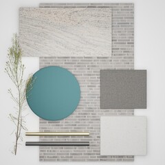 Brick and marble - Interior design material board flat lay for architecture or home office decoration inspiration - 3d illustration