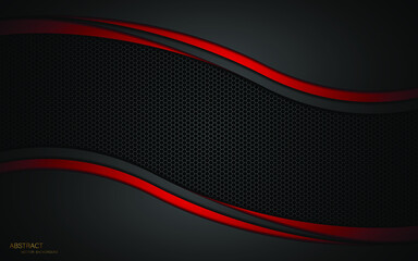 Multiple layers of dark gray and red polyhedron overlapping on a black steel mesh background with space for text design. modern technology innovation concept background	