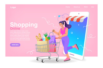 Internet digital store scene with woman on shopping. E-commerce advertising illustration.