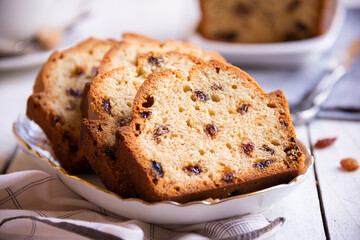 Sweet fruit cake with raisins, delicious baked dessert