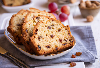 Sweet fruit cake with raisins, delicious baked dessert