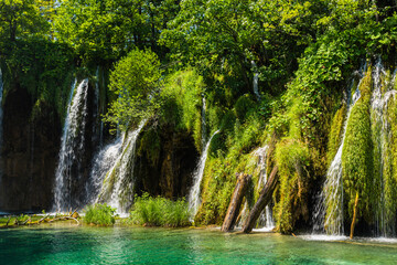 Fototapeta na wymiar クロアチア　プリトヴィツェ湖群国立公園の原生林と流れ落ちる滝