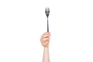 Hand holding aluminum fork on white background isolated, front view. Food and restaurant items. Concept of hands and body parts.