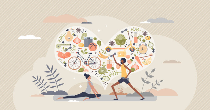 Healthy habits lifestyle as diet eating and active sport tiny person concept. Exercises for good shape and balanced meals for body wellbeing and vitality vector illustration. Daily sport routine.