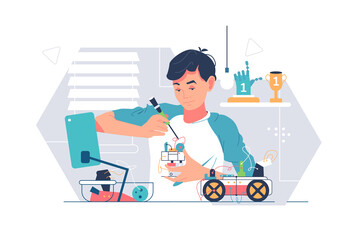 Boy fix electrical car with tool