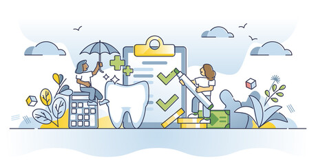 Dental insurance and tooth care cost financial coverage outline concept. Stomatology financial safety for doctor expenses vector illustration. Legal document for patient medical bill prices reduction.