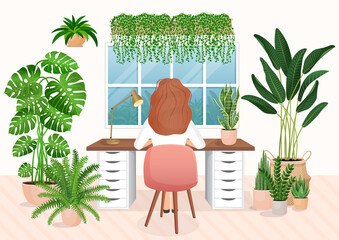Woman freelancer or student sits at a desk at home working. Back view of the girl. The concept of remote work, office at home, freelancing, programming. Interior with plants. Vector flat illustration.