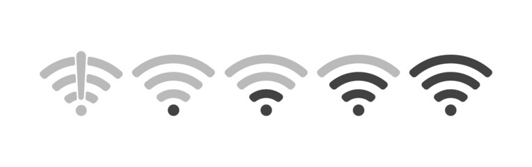 Wireless wifi icon sign flat design vector illustration set. On and no wifi internet signal symbols set in black color isolated on white background