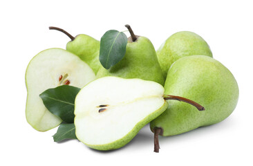 Whole and cut fresh ripe pears on white background