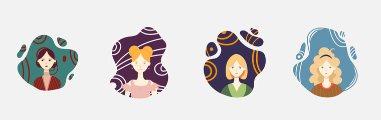 Set woman, girl portraits. Brunette, blond or red hair. Fashion avatar user icon, character. 