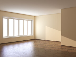 An Empty Corner of the Room with Beige Walls, a Large Window, Parquet Flooring and a Brown Skirting Board with Work Path on Window. 3D Illustration, 7680x5760, 300 dpi