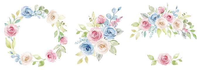 Kränze, Blumenrahmen, Aquarellblumen blaue und rosa Rosen, Illustration handgemalt. Isoliert auf weißem Hintergrund. Perfekt für Grußkarten-Design.
