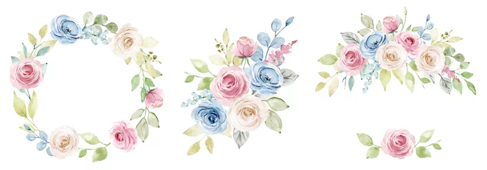 Nahtlose Fototapete Airtex Blumen Kränze, Blumenrahmen, Aquarellblumen blaue und rosa Rosen, Illustration handgemalt. Isoliert auf weißem Hintergrund. Perfekt für Grußkarten-Design.