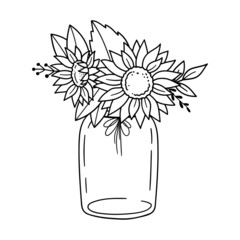 Sunflowers bouquet in glass mason jar. Vector illustration. Isolated on white background.