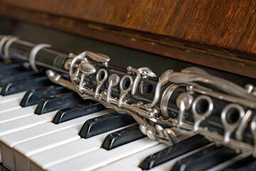 Close-up of the clarinet lying on the piano.