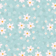 Chamomile seamless pattern. Abstract background with white daisies. Pattern for textiles, fabrics, bed linen, wallpaper. Decorative print for design with chamomile and daisies. Vector