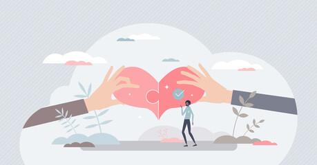 Helping together and care as connected two heart pieces tiny person concept. Romantic gesture and feelings bonding as sharing partner love vector illustration. Unity and harmony for all community. - obrazy, fototapety, plakaty