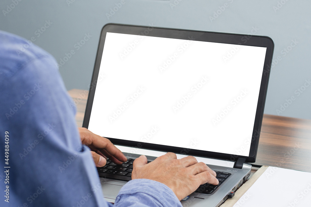 Poster hand typing keyboard computer screen mockup in office