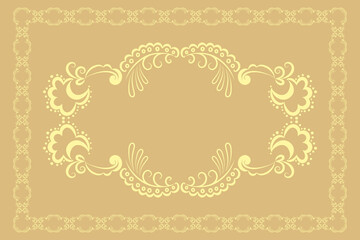 Vector yellow-golden patterned frame, rectangular vignette on peach background, patterned abstract brush with curls for packaging design, tablecloth, textile, tile