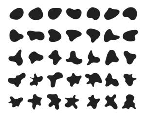 Random abstract liquid organic black irregular blotch shapes flat style design fluid vector illustration set banner simple shape template for presentation design, flyer, isolated on white background.