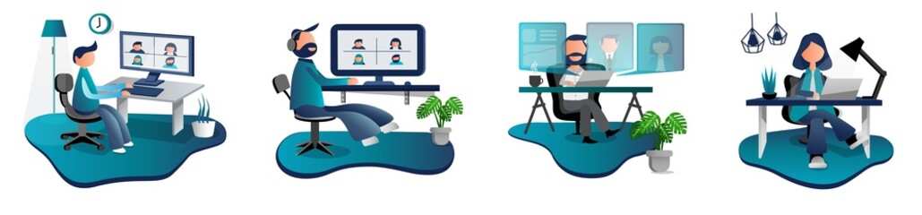 WORK FROM HOME ACTIVITY IN FLAT ILLUSTRATION STYLE AND BLUE COLOUR