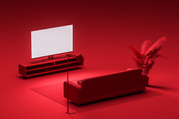 The sofa in front of the TV in the red studio. The concept of online watching movies and TV series at home. Mock up. 3d rendering
