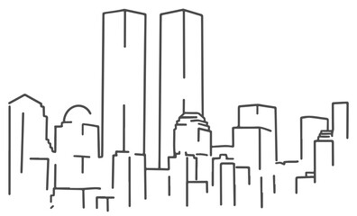 Patriot day in USA. Twin towers. Hand drawn world trade center. One line drawing towers. New York city in line art.