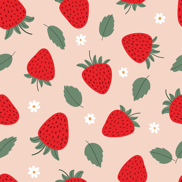 Cute, sweet seamless pattern with strawberries, leaves and flowers. Endless simple ornament. Cartoon flat vector illustration.