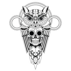 Owl Skull Steampunk Illustration Lineal Style