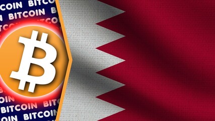 Bahrain Realistic Wavy Flag, Bitcoin Logo and Titles, Circle Neon Effect Fabric Texture 3D Illustration