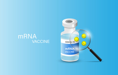 Covid-19 coronavirus. mRNA (messenger RNA) vaccine. vaccine vial and magnifying glass. Vector illustration.