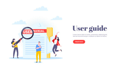 User manual guide book flat style design vector illustration. Tiny people, magnifying glass working together with guide book. Specifications user guidance document.