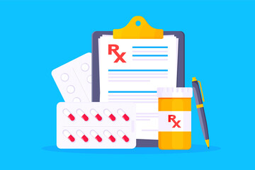 Medical rx form prescription flat style design vector illustration. Clipboard with rx form application, pill bottle jar and medicine pills. Medical prescription concept. - obrazy, fototapety, plakaty