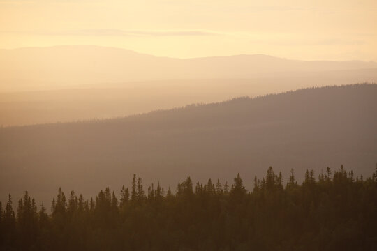 Forests, Hills and Mountains in Sunset. Vemdalsskalet, Sweden